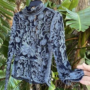 Cache metallic silver on sheer mesh, embroidered top